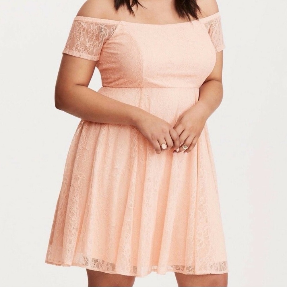 Torrid, blush color lace skater dress. Homecoming, dance, plus, 18, off shoulder